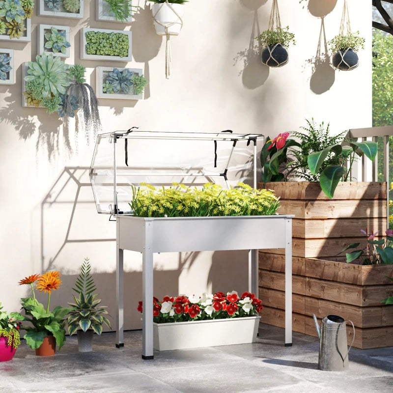 Elevated Garden Bed with Greenhouse Cover - White Raised Planter with Drainage