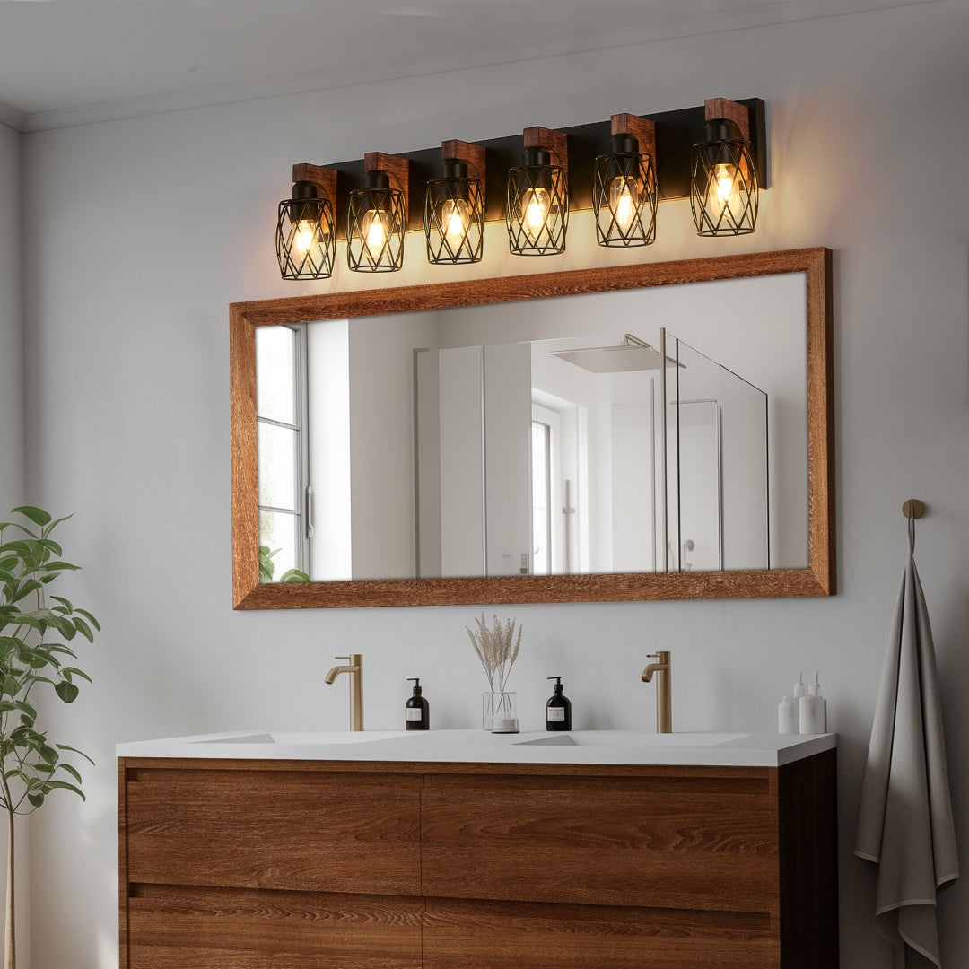 Industrial Vintage 6-Light Wall Sconce - Black Metal & Wood Accent