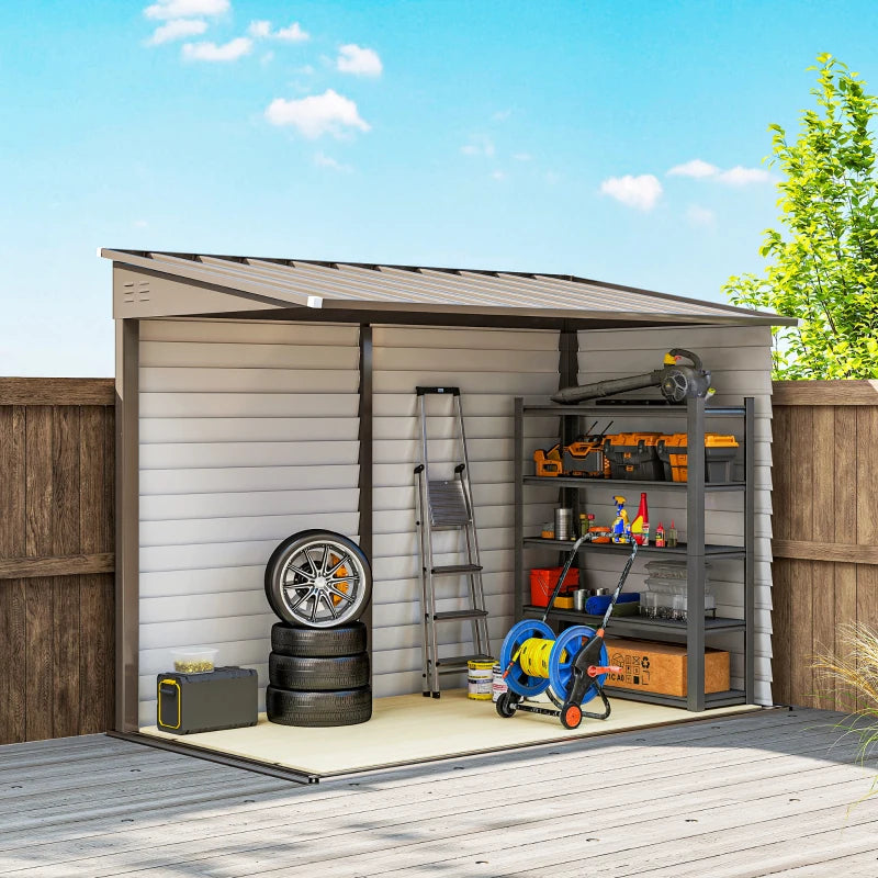 Outdoor Storage Shed 4.6'X9' Metal Lean-To Garden Tool Storage Brown