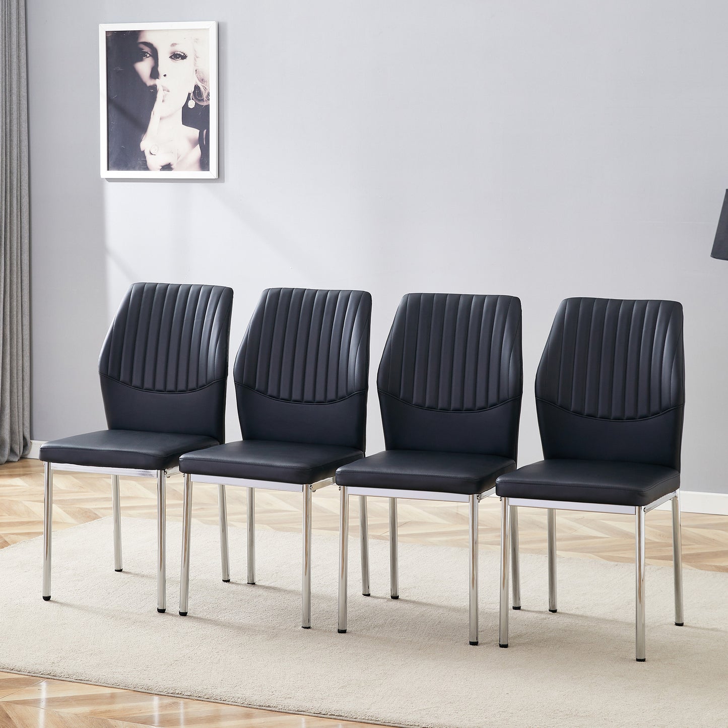 4-piece Set Of Black Silver Light Luxury PU Dining Chairs Ergonomic