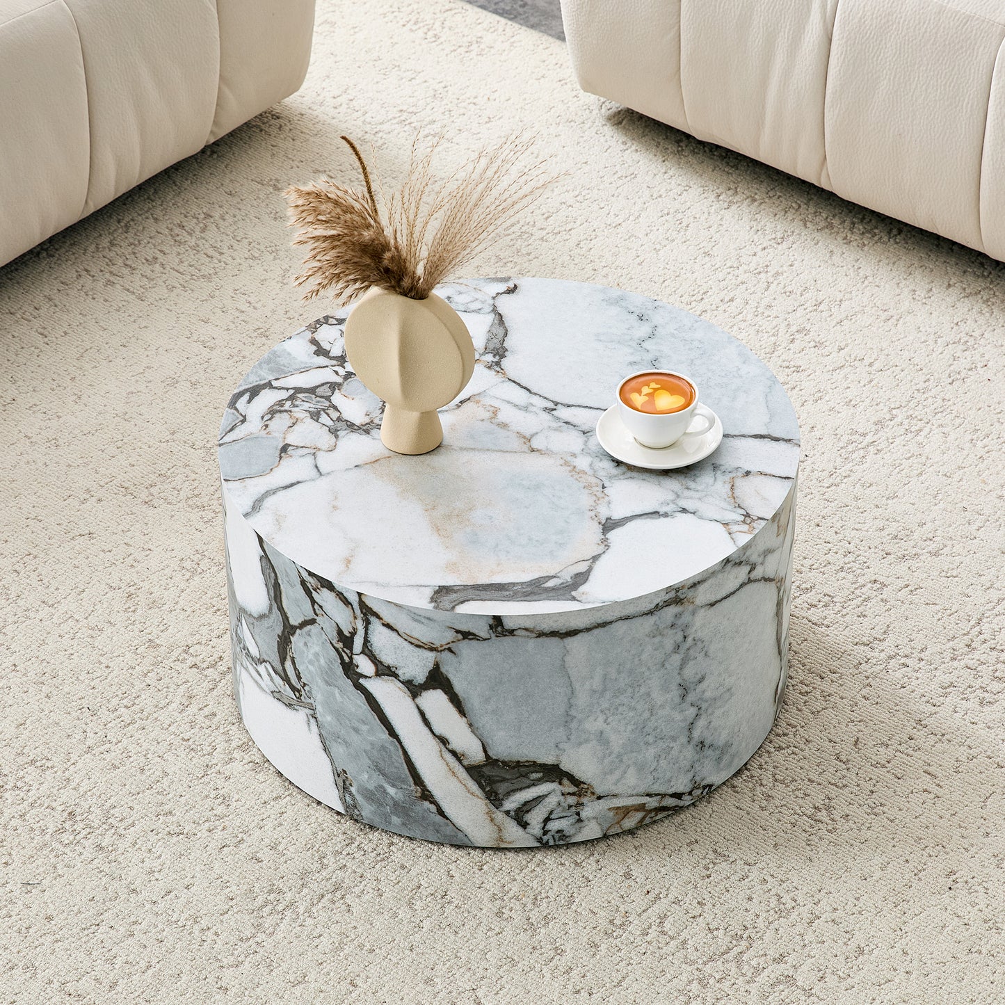 A Simple White Marble Textured Cylindrical Coffee Table, 23.6 Inches