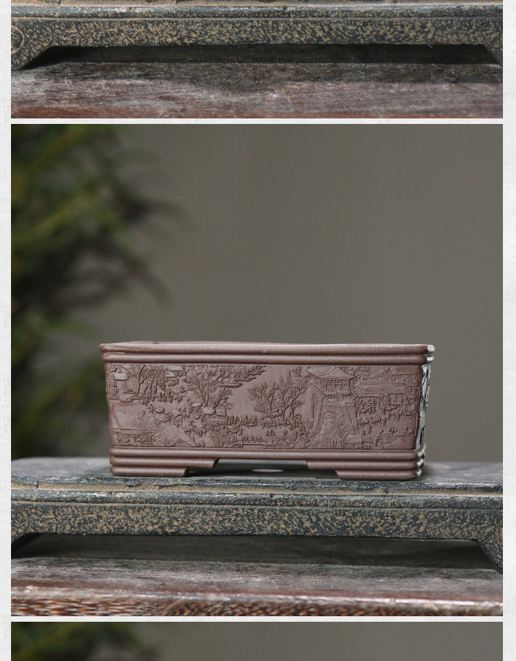 Rotating Rectangular Ceramic Flower Pot Set with Bamboo Basin - Classic Garden Decor