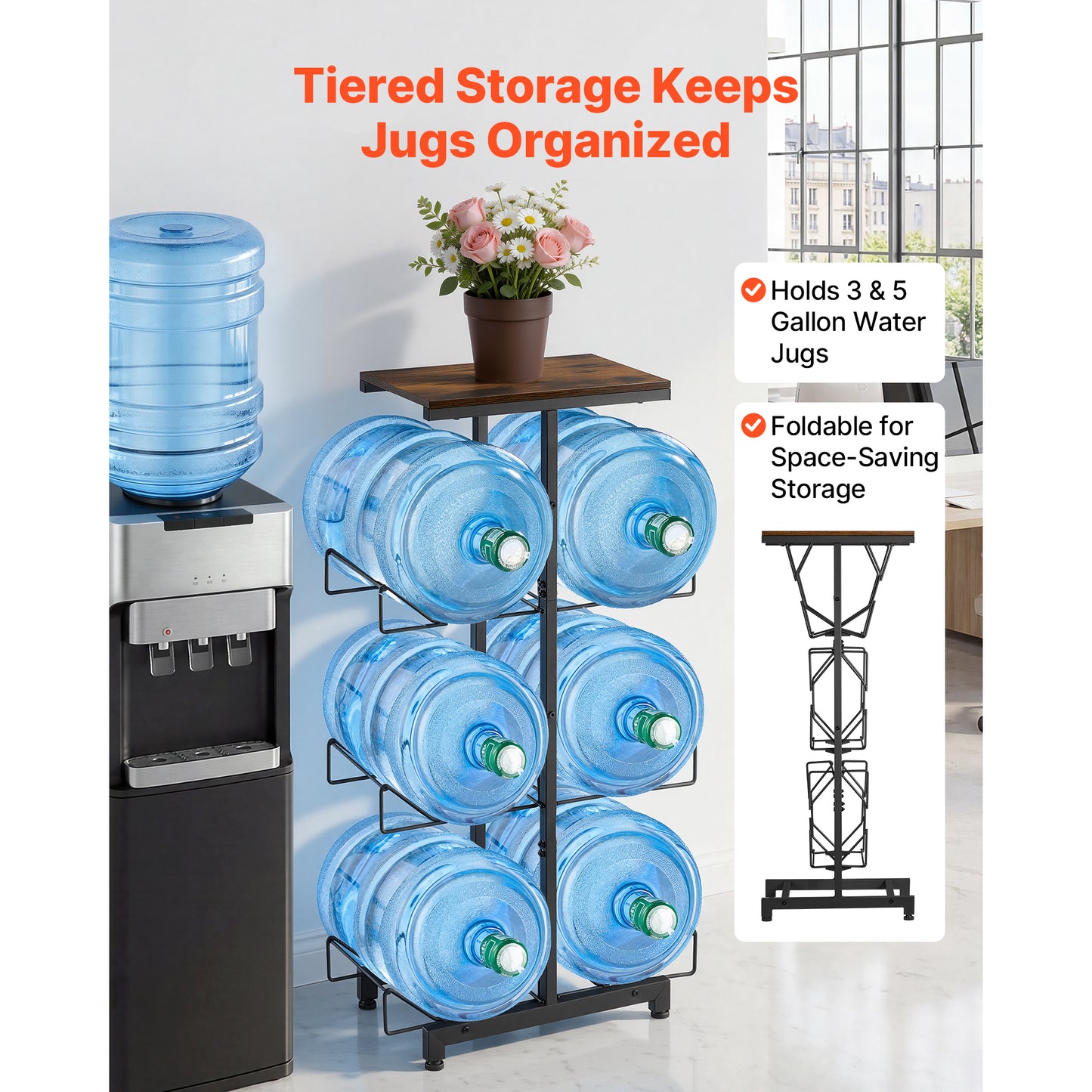 Heavy Duty Water Jug Holder Rack for 3 and 5 Gallon Bottles - 4 Tiers, Foldable Organizer for Kitchen and Office