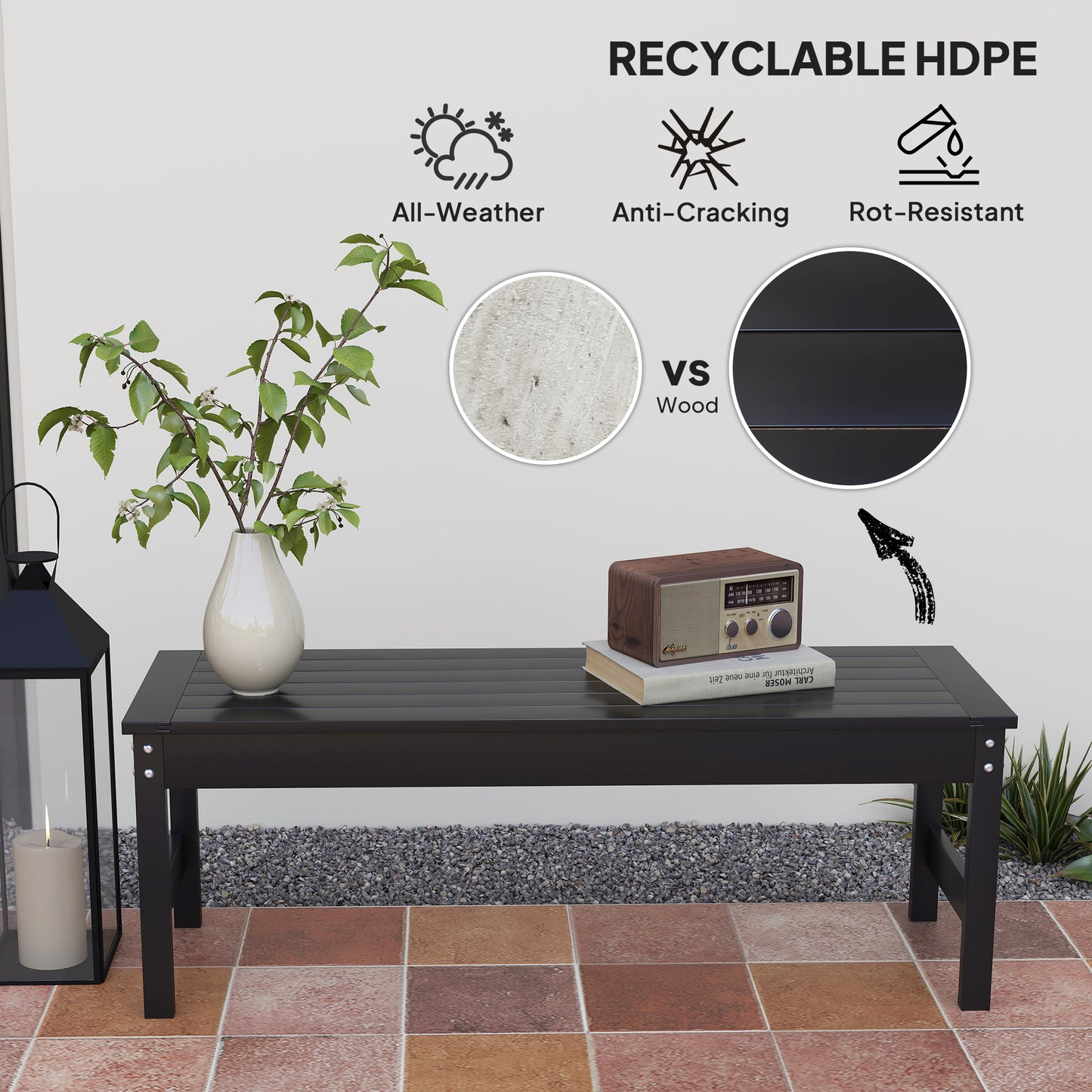 47" Backless Outdoor Bench - HDPE All-Weather Patio Seat - Black