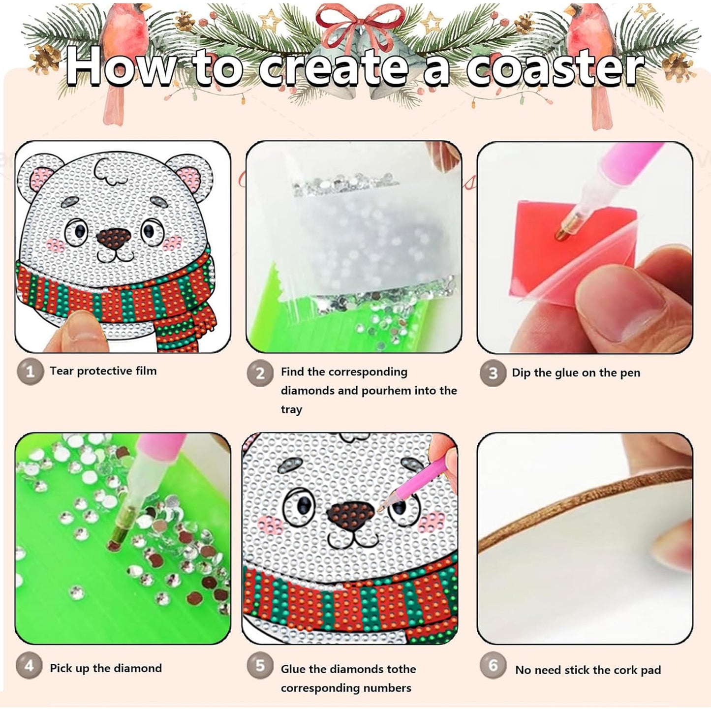 Christmas Rhinestones Art Coasters - 6 Pack Multi-Color Set