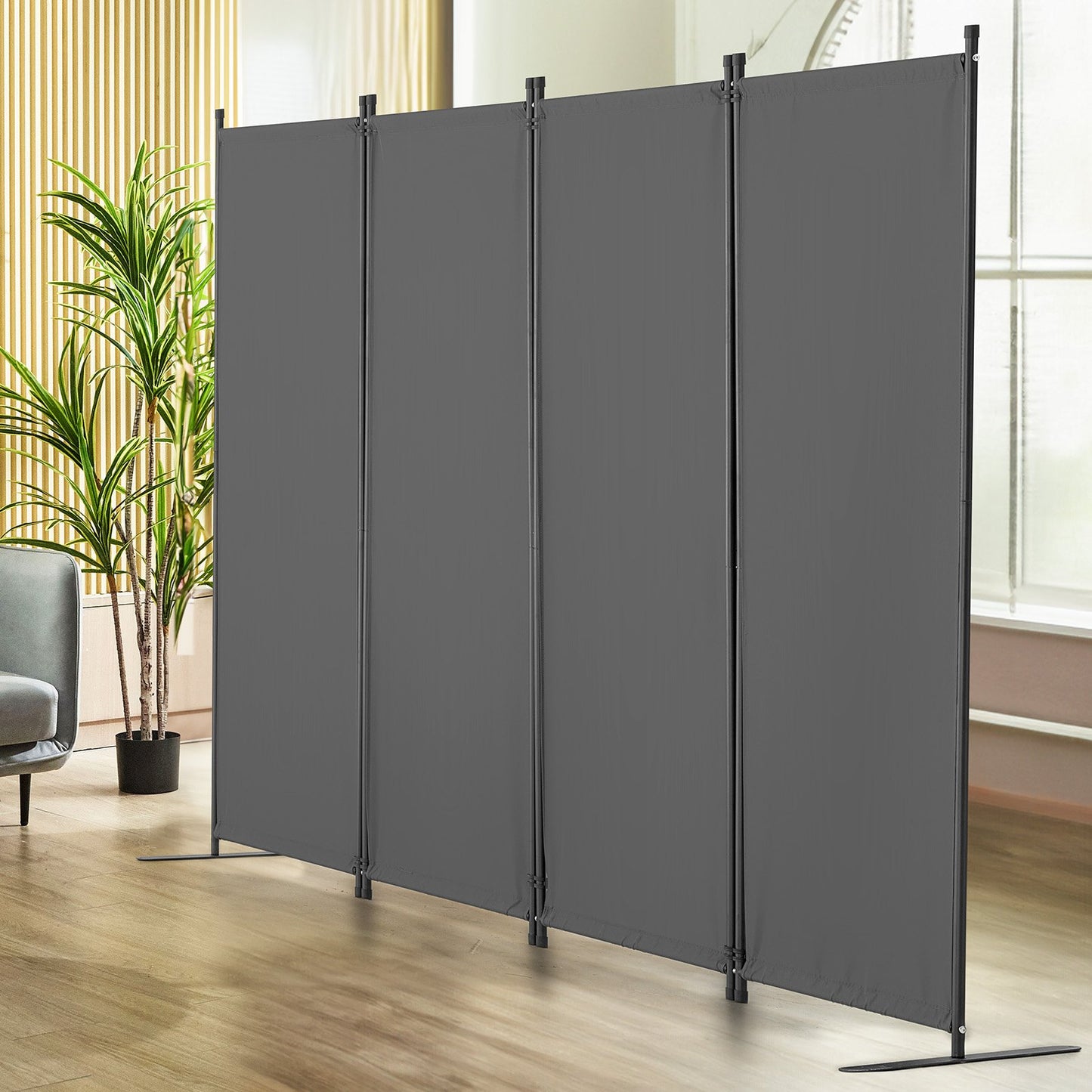 4-Panel Room Divider - Privacy Screen, Gray Fabric Partition