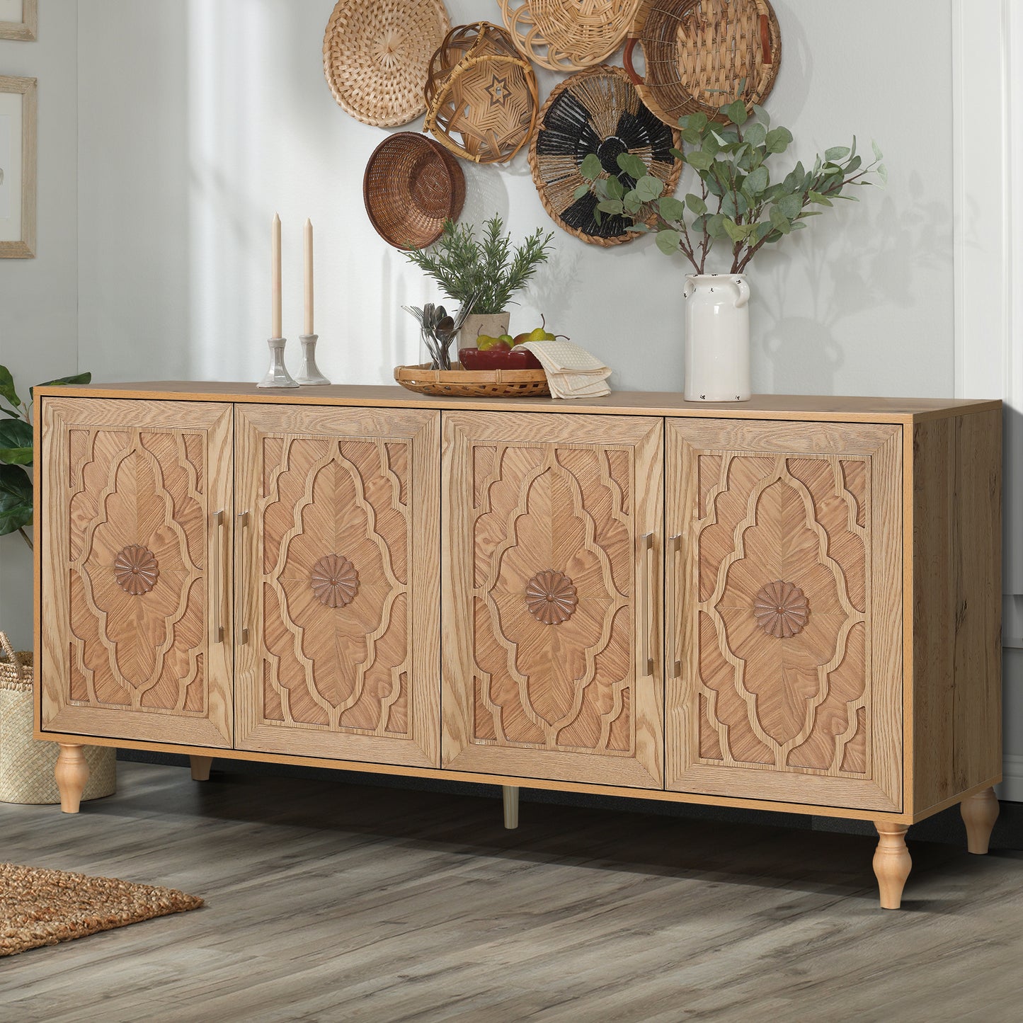 Large Carved Flower Door Storage Cabinet - Natural Wood