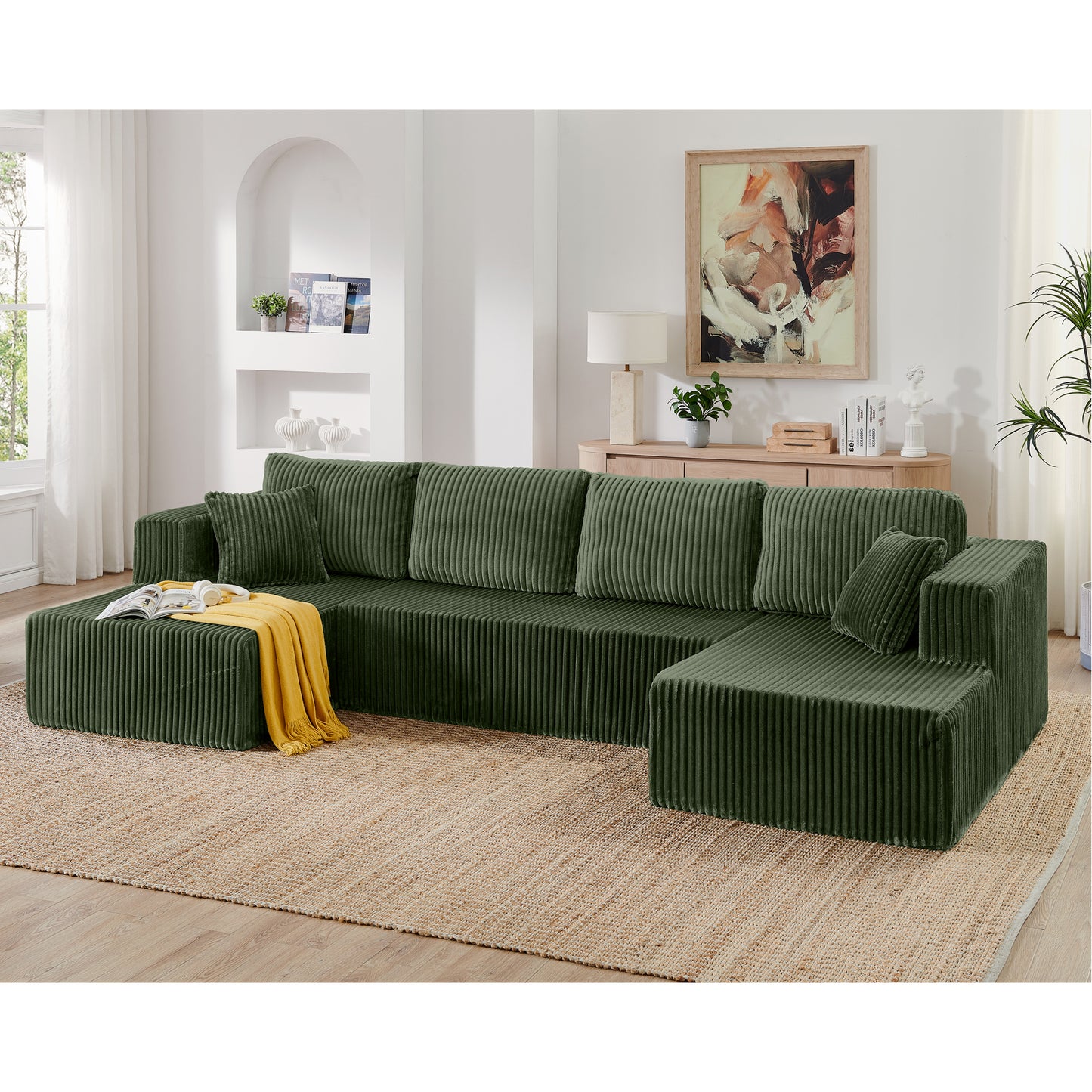 U-Shape Modular Sectional Sofa - Compressed Corduroy Couch - Green