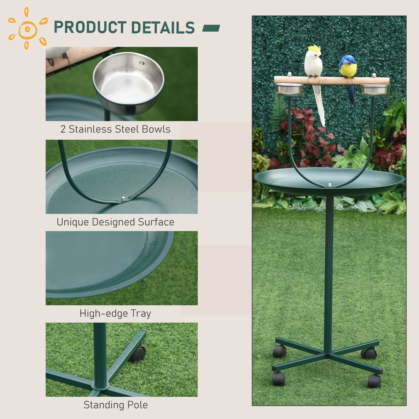 48-Inch Bird T-Stand with Wheels and Perch - Green