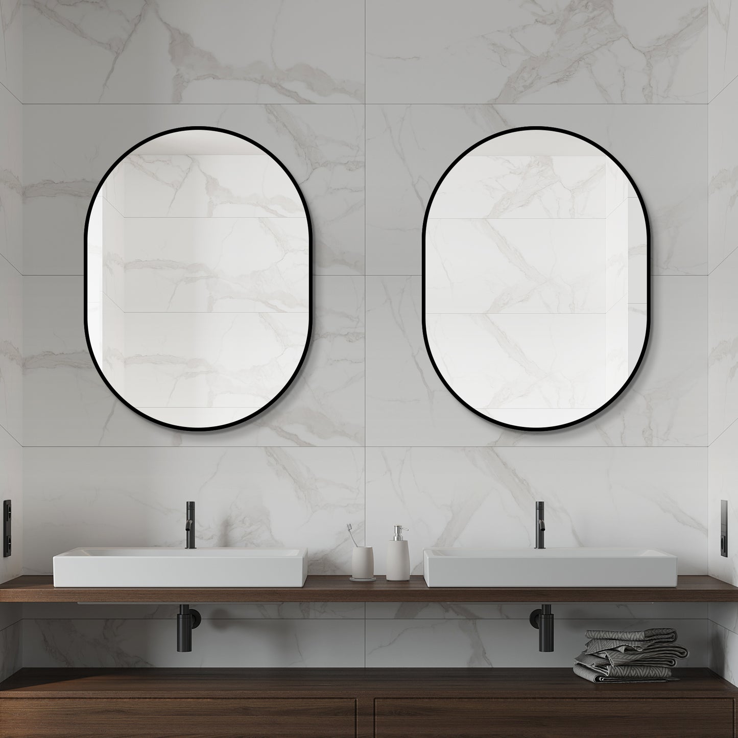 24x32 Framed Capsule Bathroom Mirror - Vertical Wall Mounted, Black