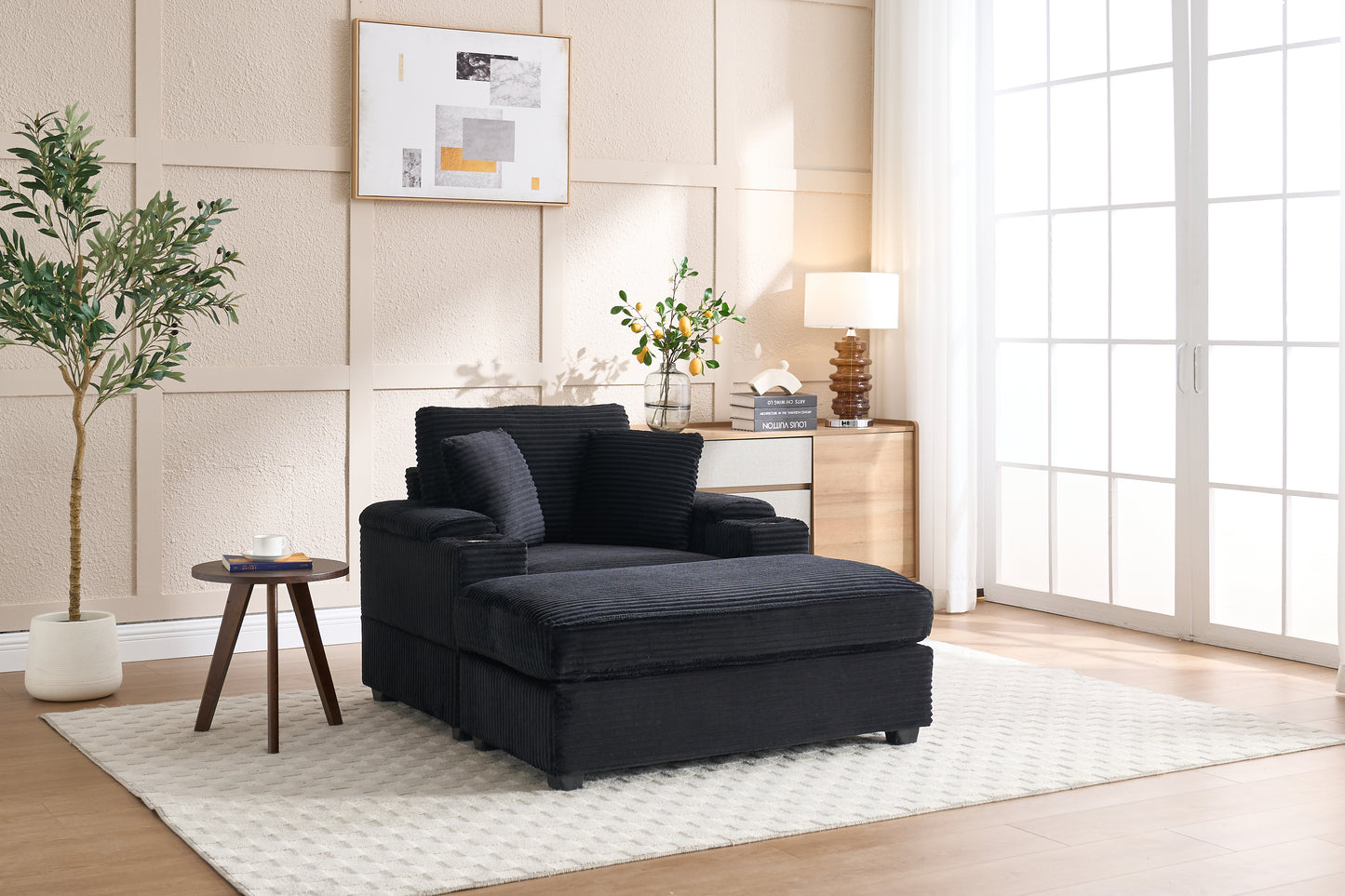 Corduroy Upholstered Chaise Lounge Sofa with Storage & Ottoman - Black