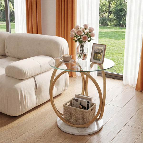 Modern 2-Tier Side Table With Tempered Glass Top & Faux Marble Base,