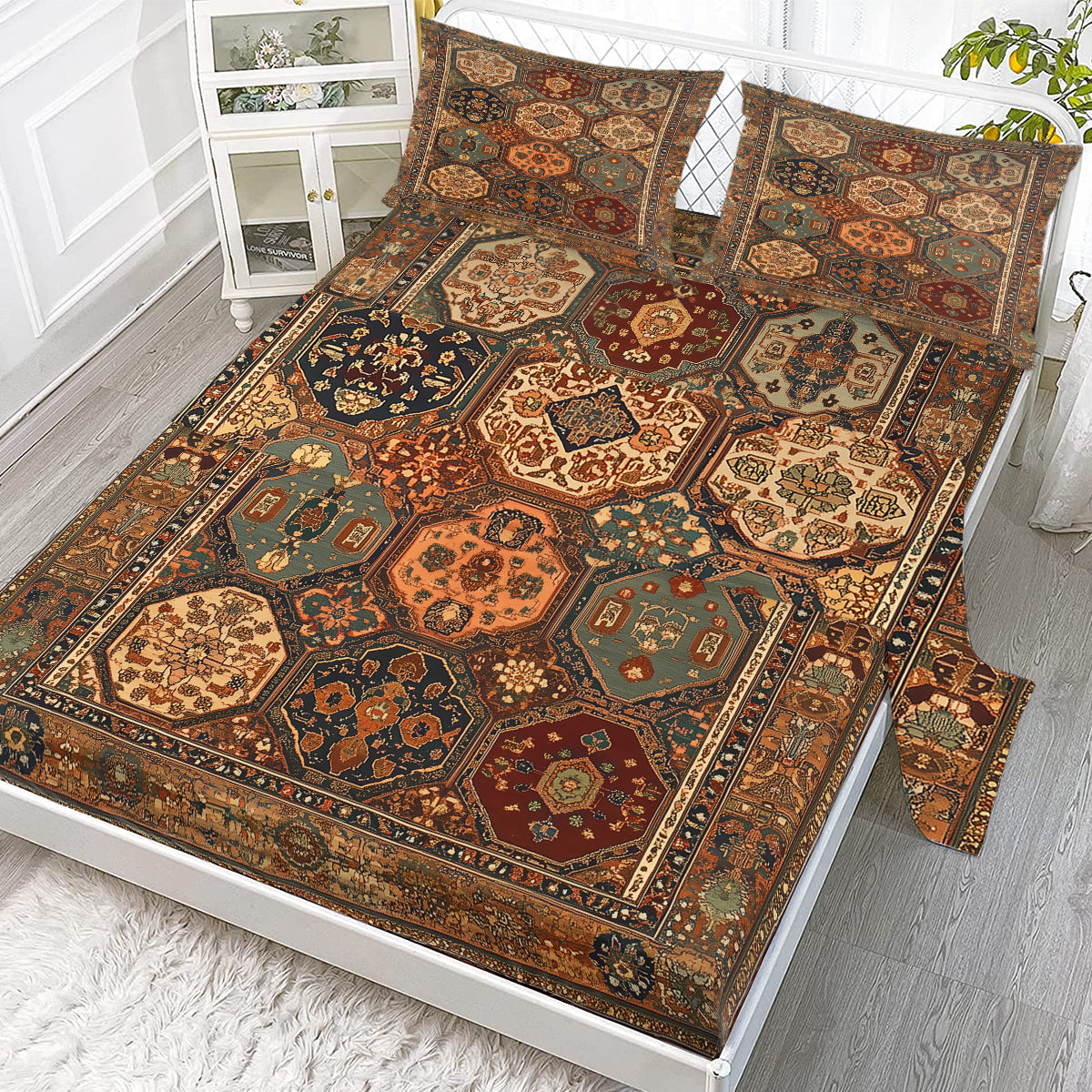 4-Piece Bohemian Geometric Bedding Set - Fitted Sheet & Pillowcases
