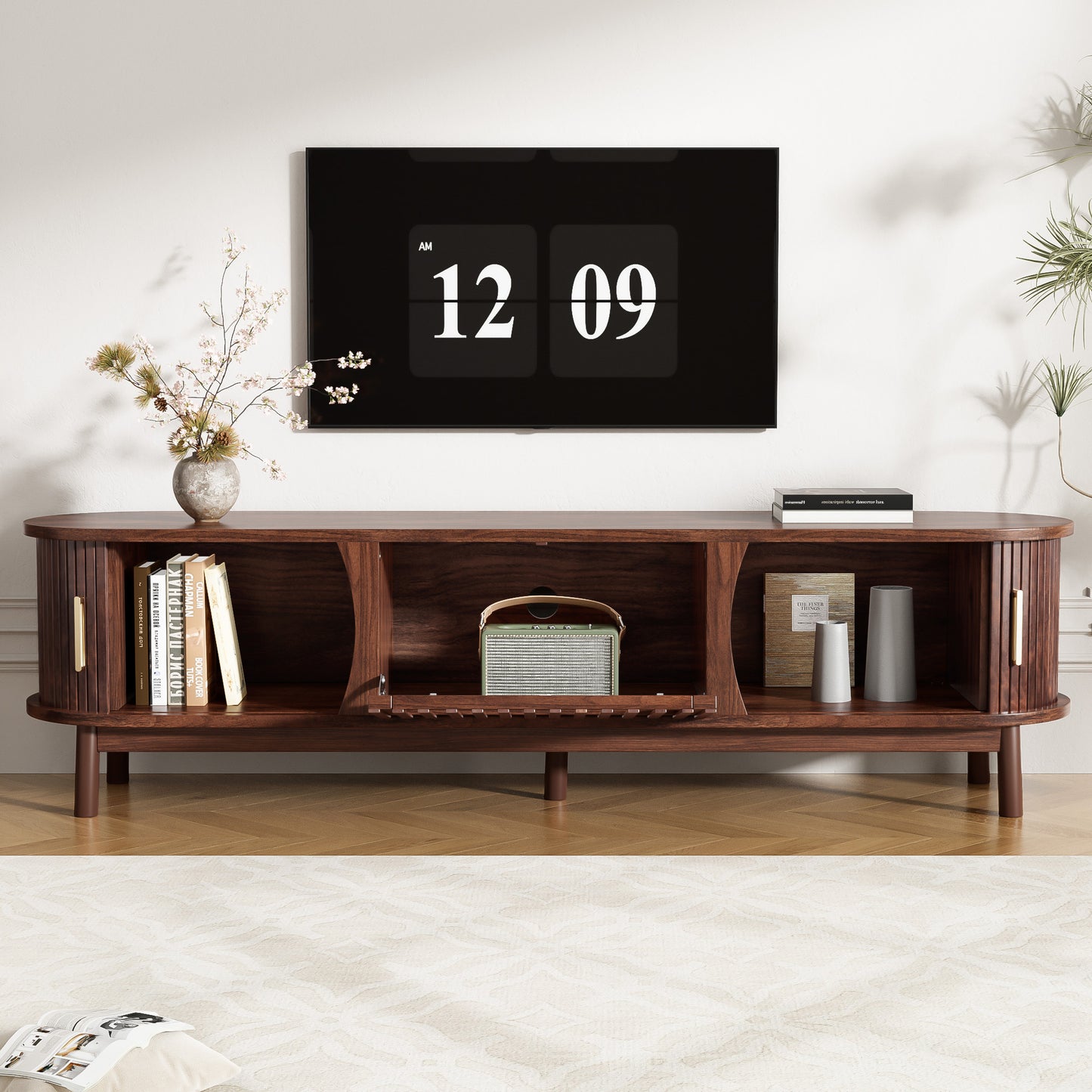 Modern Farmhouse TV Stand for 75" TVs - Dark Brown Wood Console