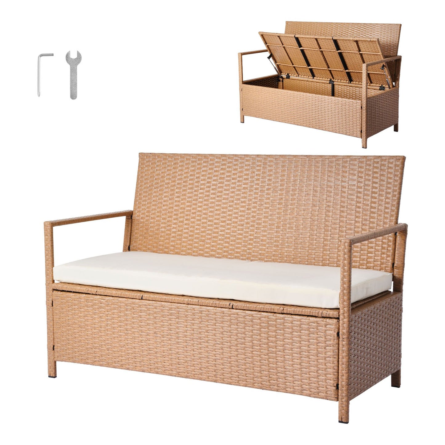 Outdoor Storage Bench with Cushion 70 Gal Waterproof Rattan Deck Box - Brown