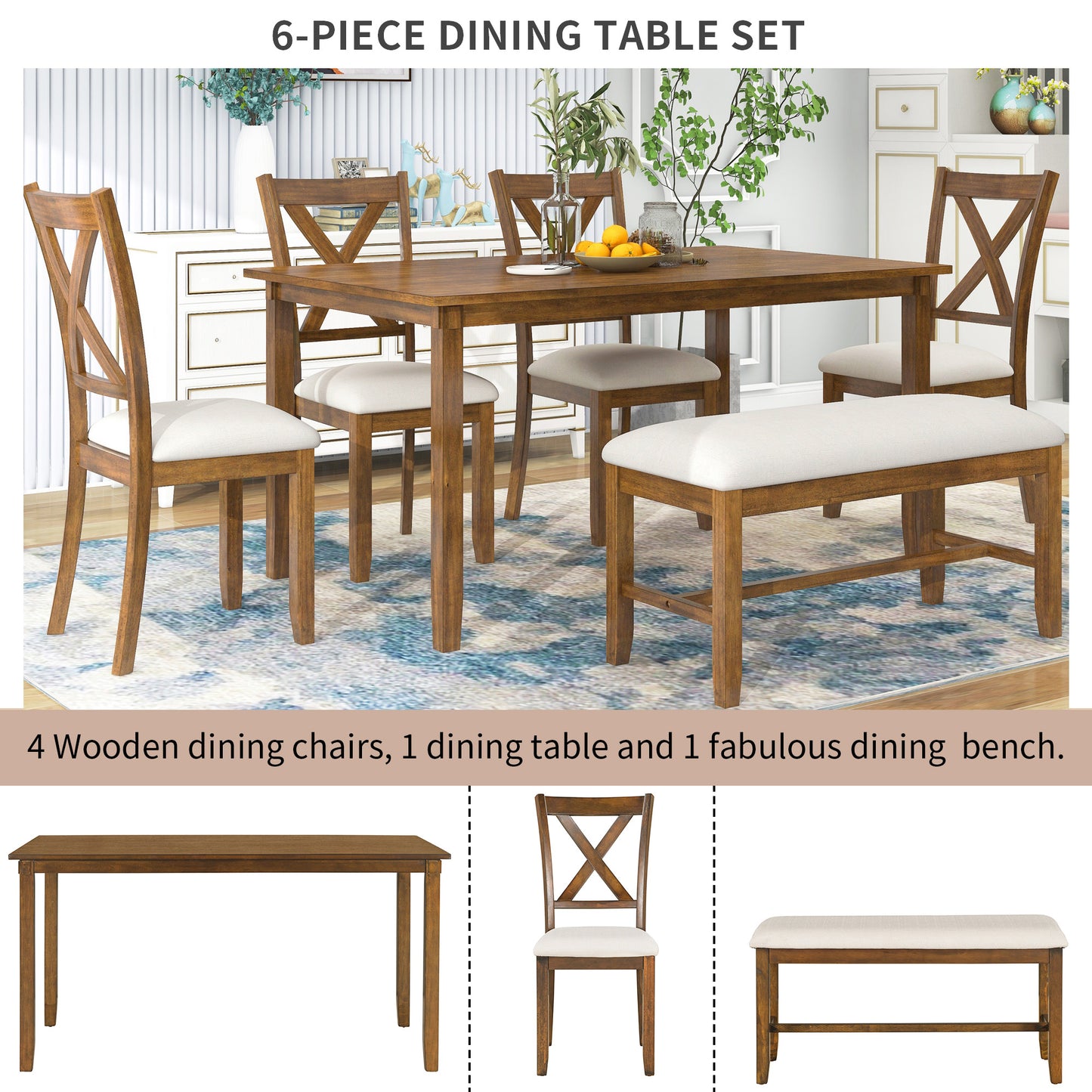 6-Piece Wooden Dining Table Set with Chairs and Bench - Natural Cherry