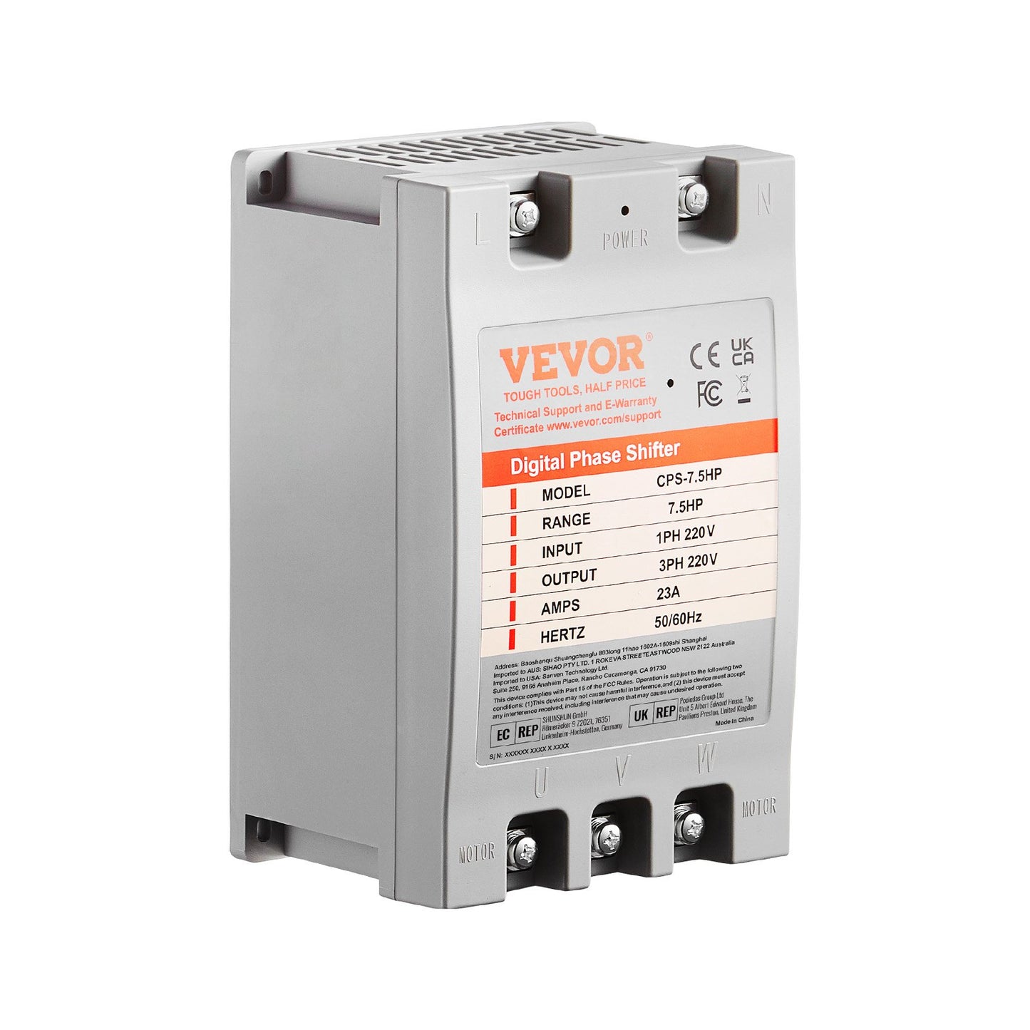 7.5HP 220V Single to Three-Phase Converter - Digital Phase Shifter for Residential & Light Commercial Use, Grey