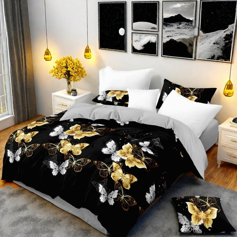 9-Piece Black & Gold Butterfly Quilt and Curtain Set