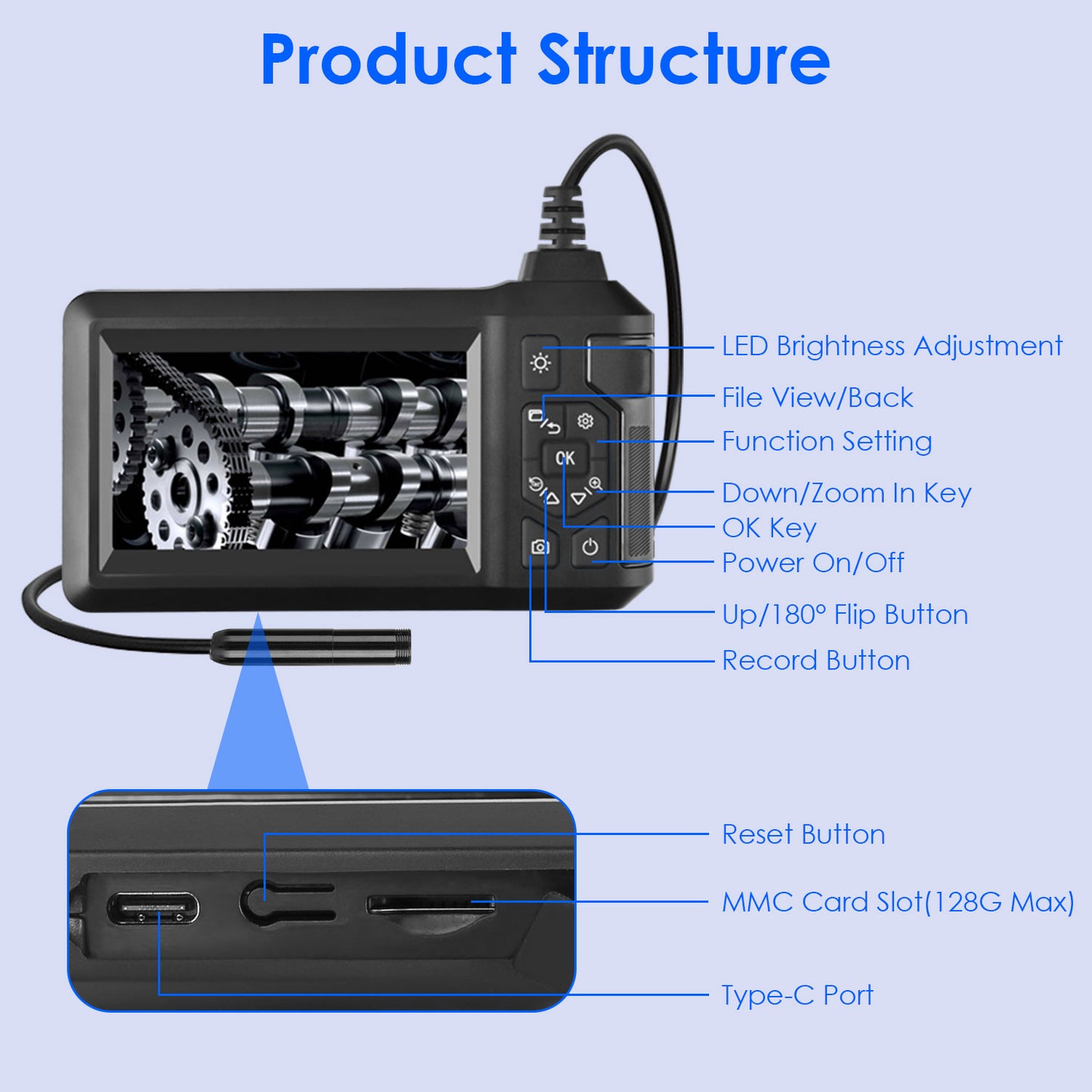 Endoscope Camera with 4.3-Inch Color Screen 1080P Waterproof 8mm Borescope Inspection Tool