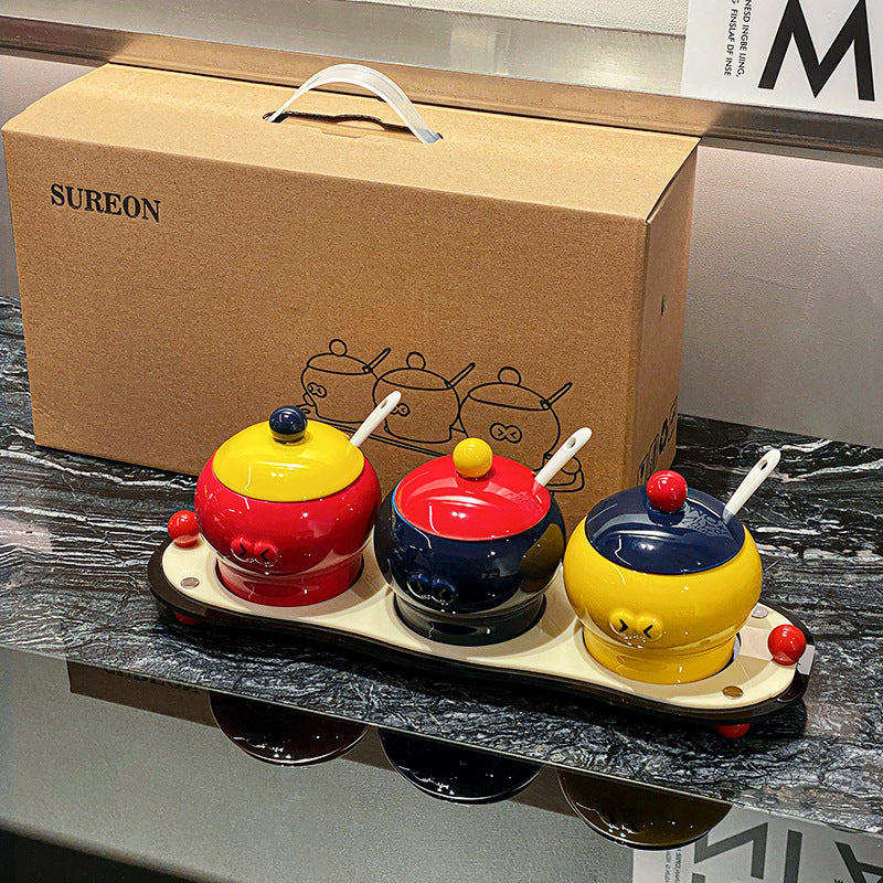 Ceramic Seasoning Jar Set with Lid and Spoon - Kitchen Storage Organizer