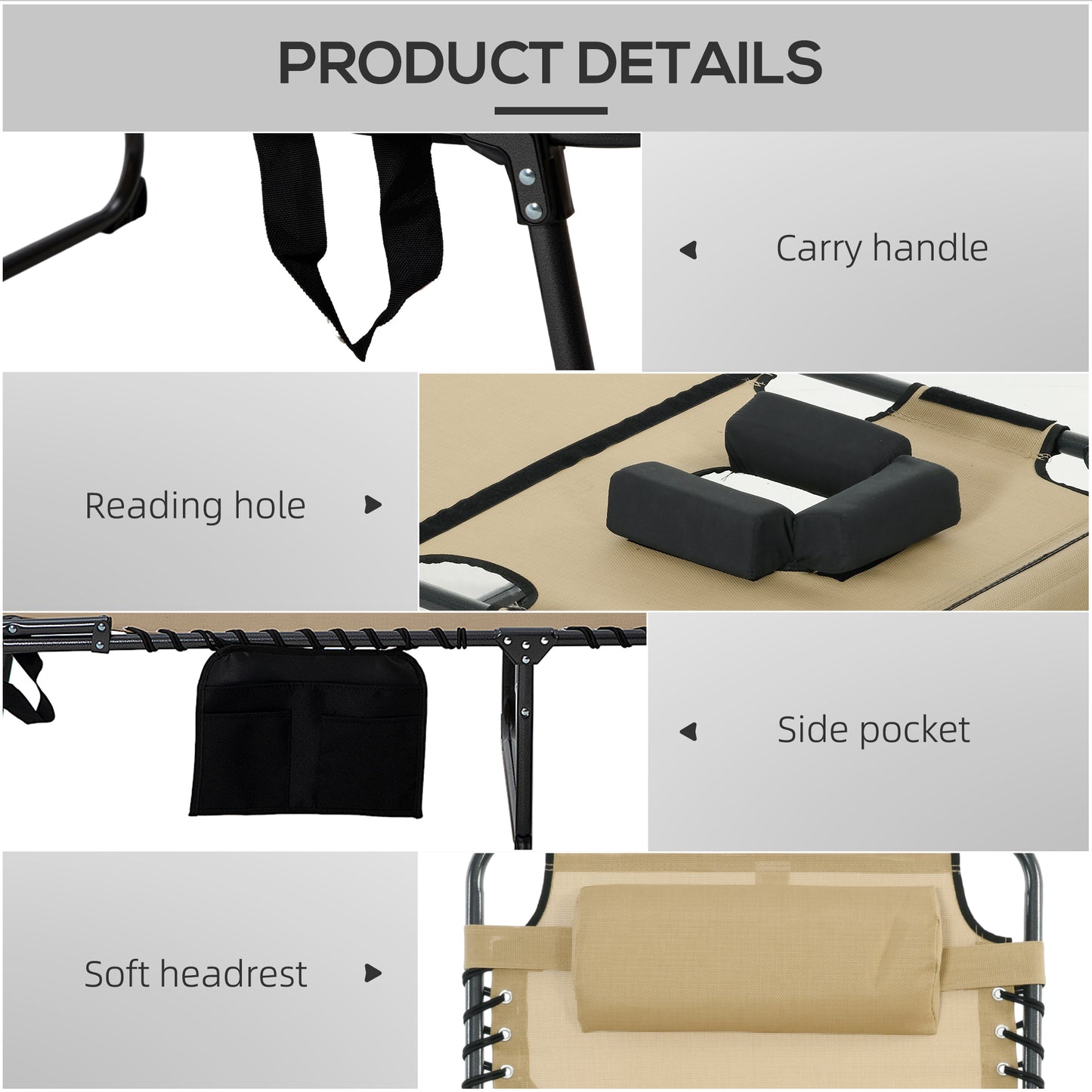 Folding Lounge Chair with 5-Position Recline and Side Pocket - Beige