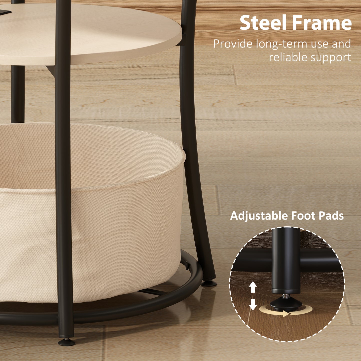 Round End Table with Charging Station & Fabric Storage Bag - Natural Wood