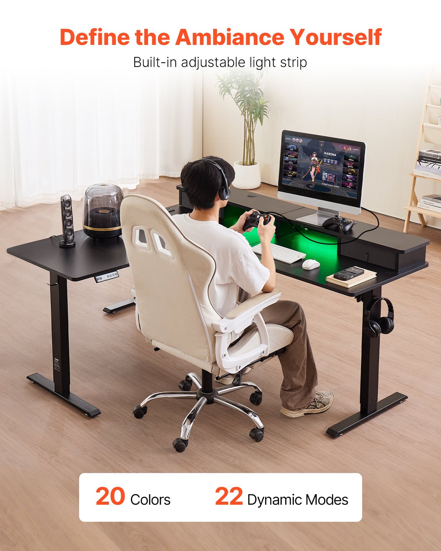 Electric Adjustable L-Shaped Gaming Desk with Light Strip - Black