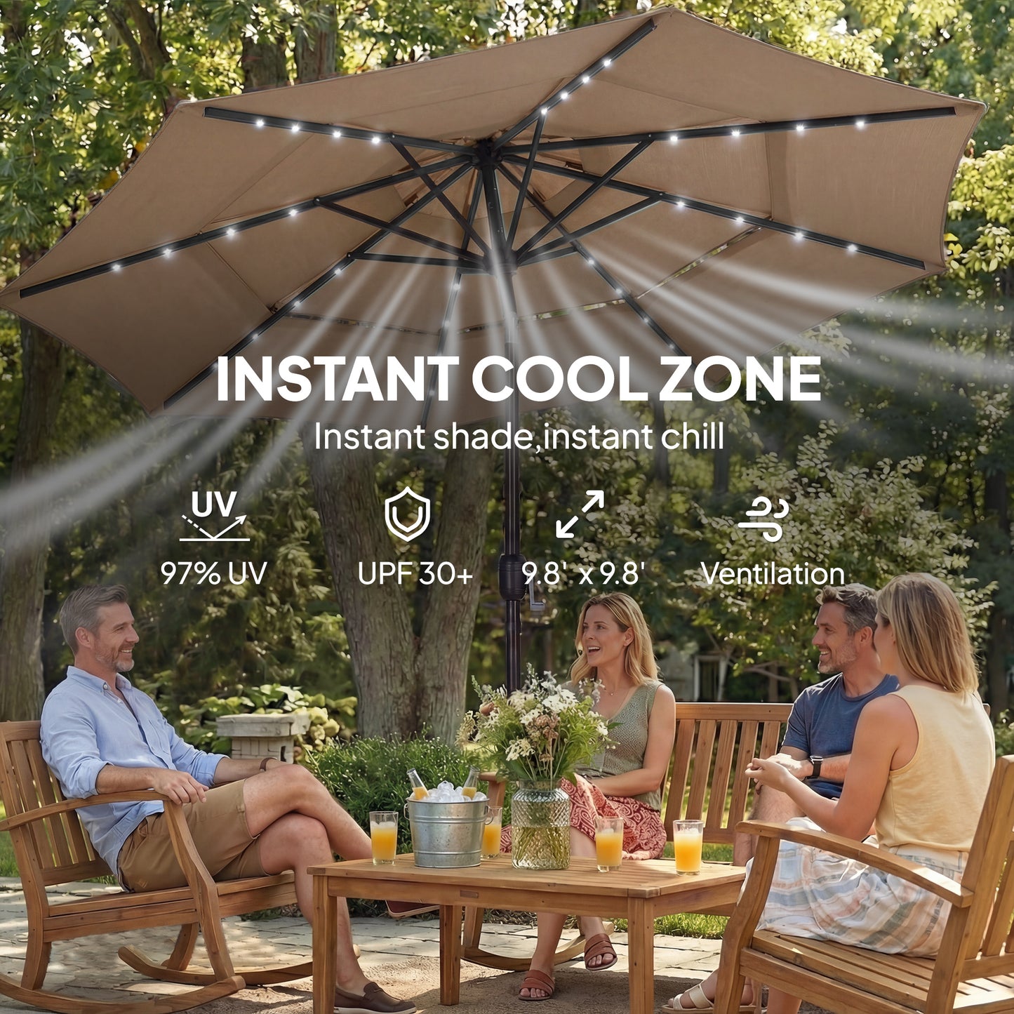 9.7 ft Outdoor Patio Umbrella with Solar LED Lights - Khaki