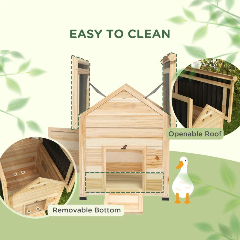 Wooden Duck House with Openable Roof & Double Doors for Pets - Natural Finish