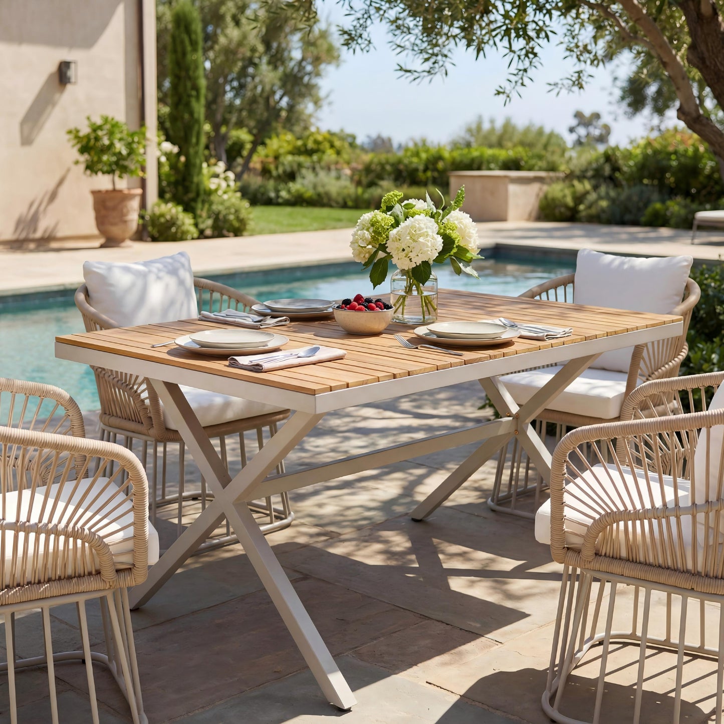 Teak Wood Top With Beige Steel Frame Outdoor Dining Table, 55.12
