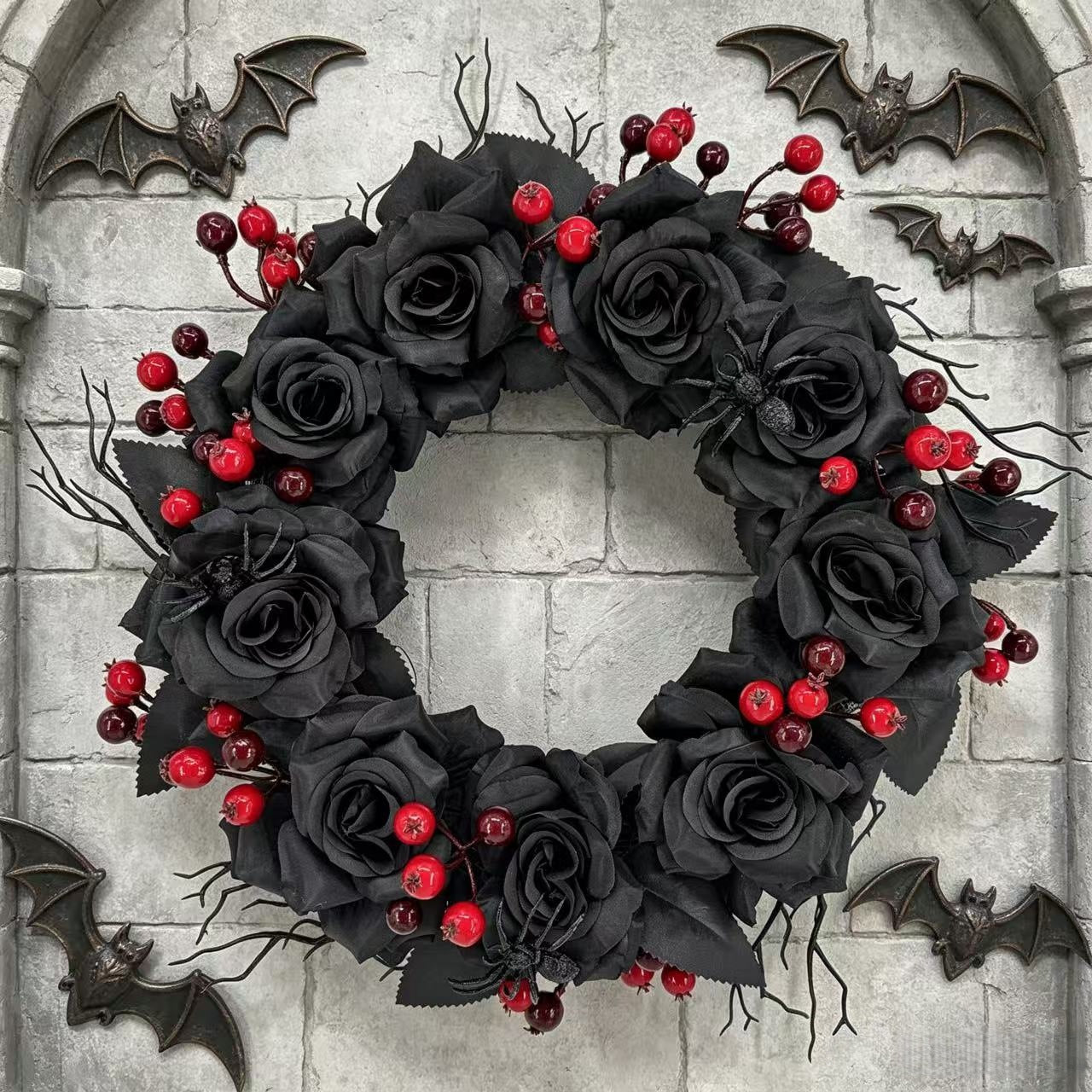 Halloween Wreath Decoration with Dried Branches and Roses - Handmade Festive Home Decor