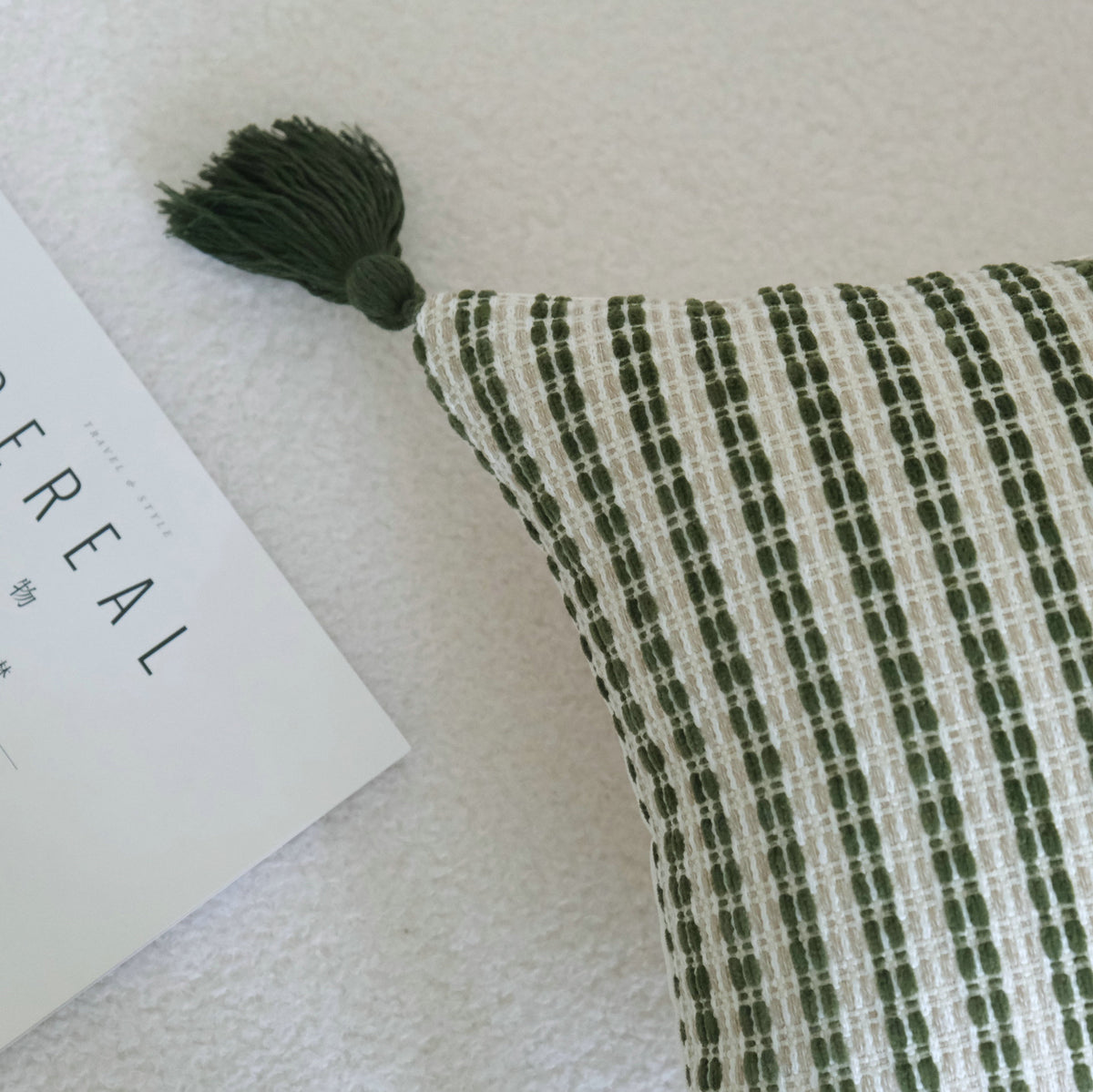 Green Cotton & Linen Tassel Pillowcase Set for Hotel & Home Decor