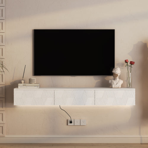 Floating TV Stand with 16 Color LEDs - Wall Mounted Entertainment Center for 55-65 Inch TVs - White