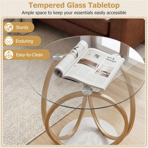Modern 2-Tier Side Table With Tempered Glass Top & Faux Marble Base,