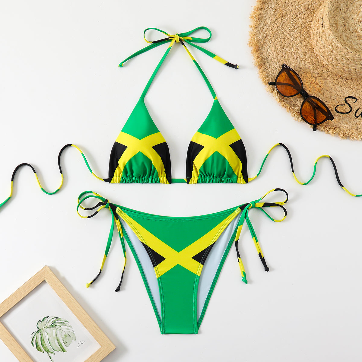 Jamaica Flag Print Triangle Bikini Set - Halter & High Cut Bottom
