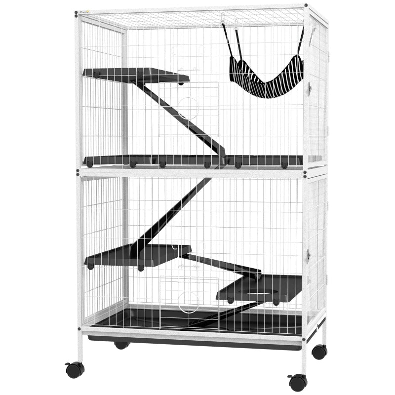Small Animal Cage with Hammock - 4 Doors, Removable Tray, White