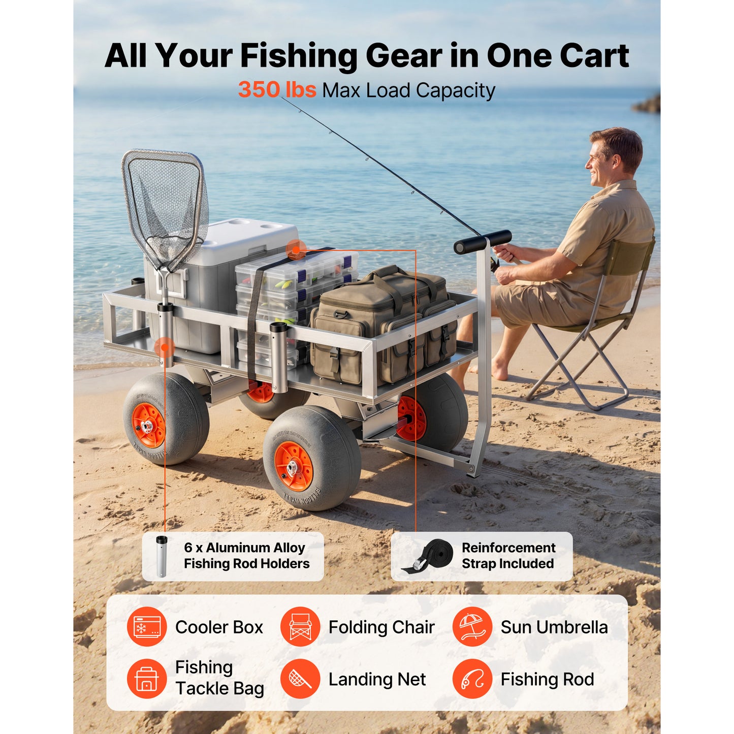 Heavy-Duty Fishing Cart with 350 Lb Load Capacity - All-Terrain Wagon with 6 Rod Holders