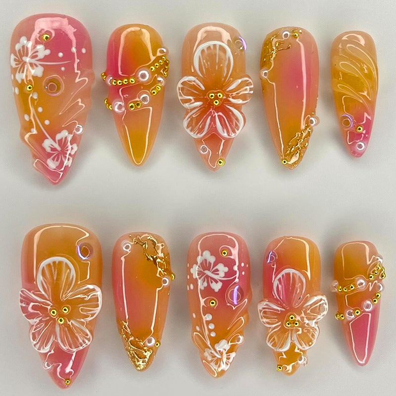 Flower Nail Tips Set with Gold Powder Flowers for Nail Art - All-Match Design