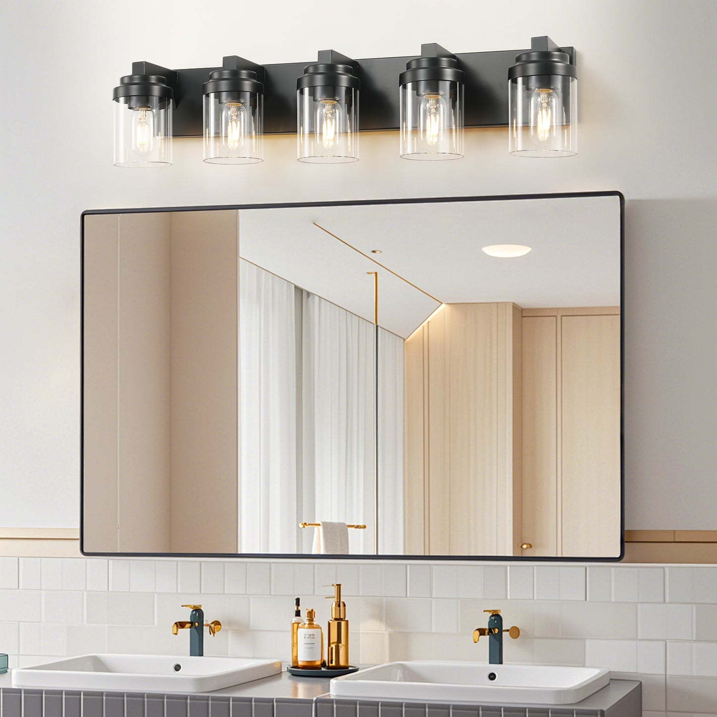 5-Light Bathroom Vanity Light Fixture - Matte Black with Glass Shades