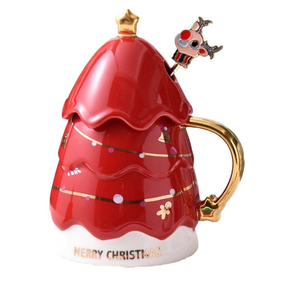 Christmas Tree Mug with Lid and Spoon - Holiday Ceramic Drinkware