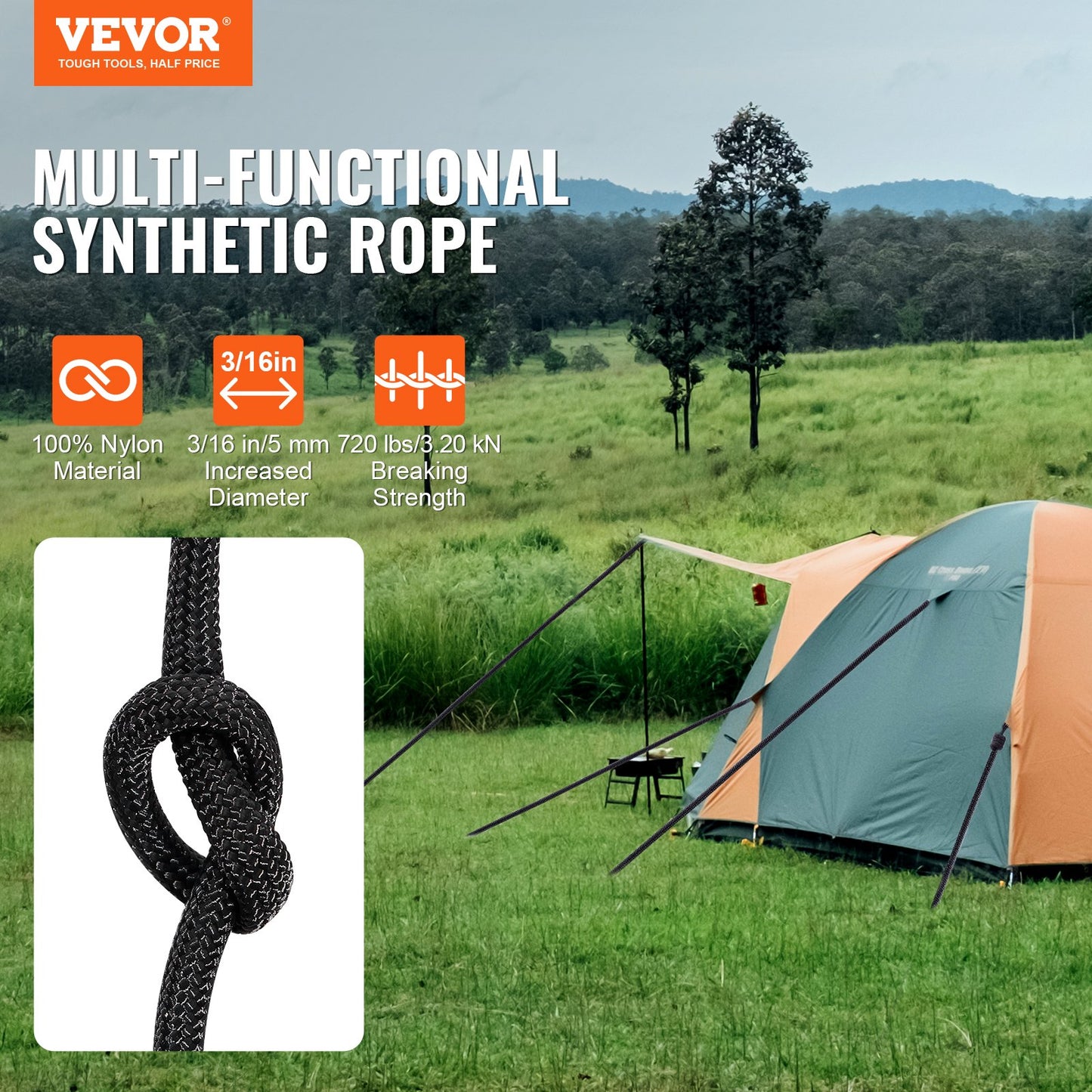 Braided Nylon Climbing Rope 3/16 Inch x 1000 Feet Heavy-Duty Outdoor Rigging Rope