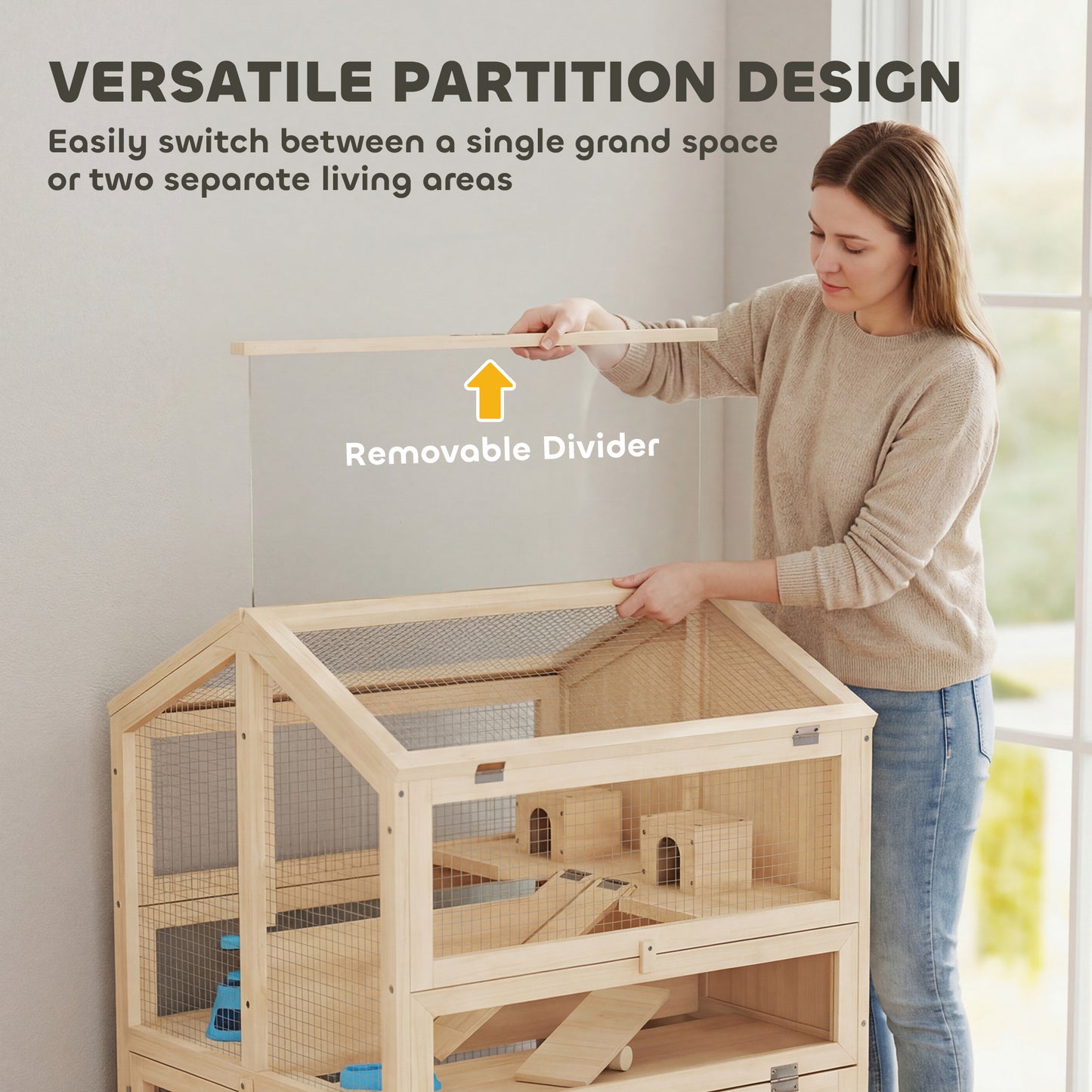Large Wooden Hamster Cage 3-Tier with Pull-Out Tray & Openable Top