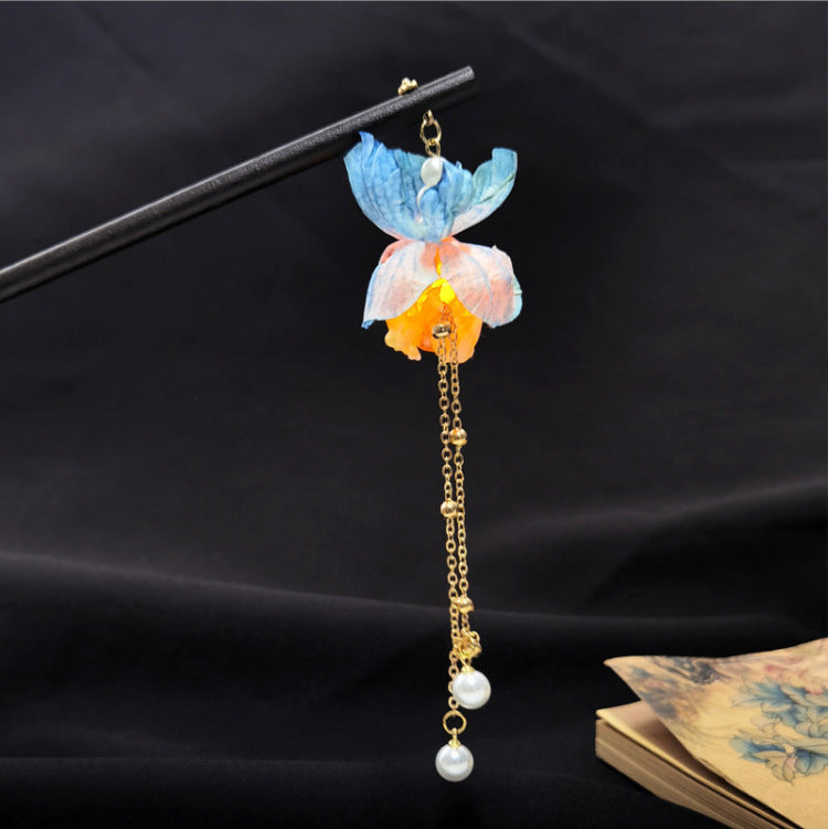Ancient Style Tassel Hairpin with Glowing Lantern and Silk Flowers - Hair Accessory