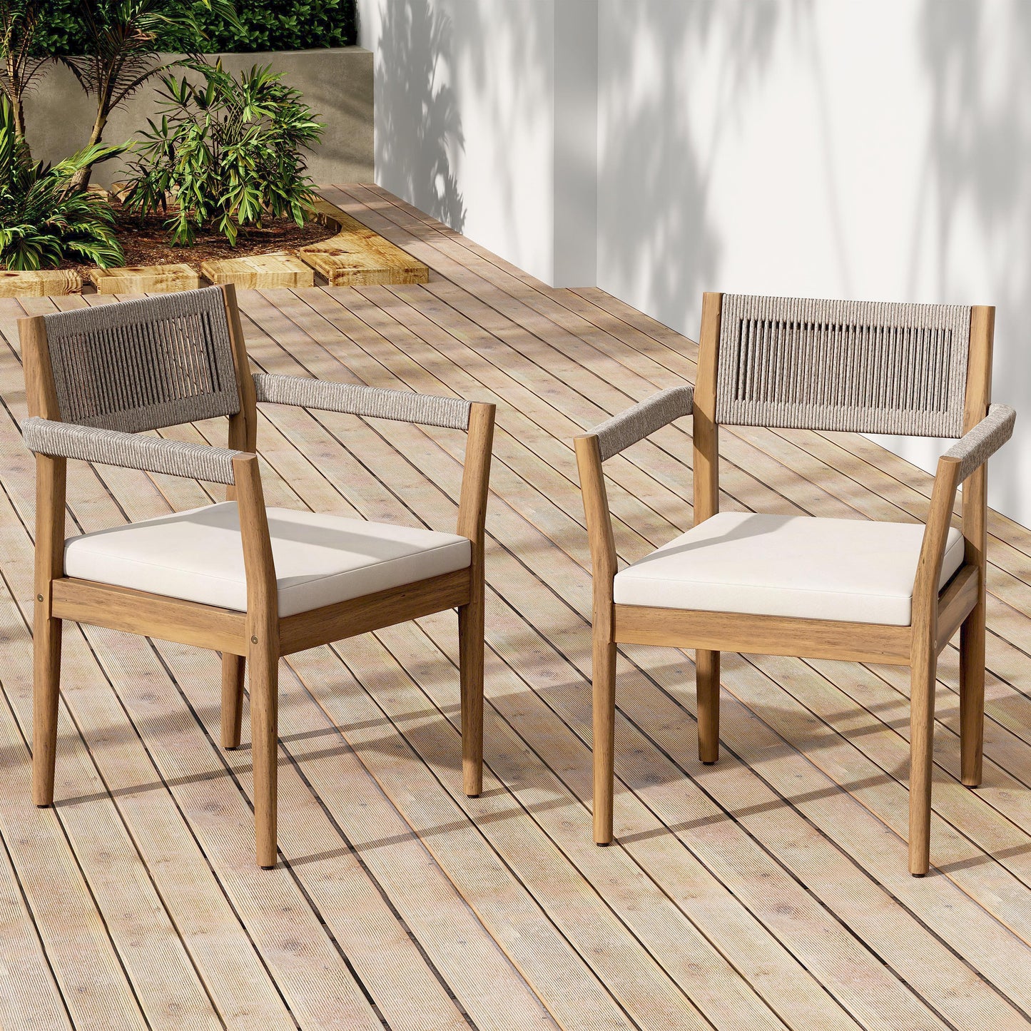 Braided Acacia Wood Outdoor Dining Chairs Set Of 6 -Teak Look With