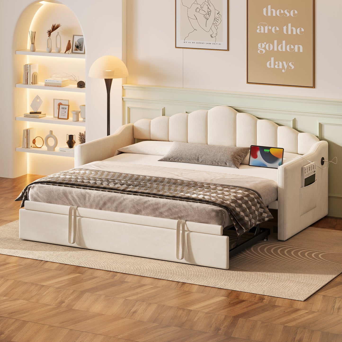 Upholstered Twin Size Daybed With Adjustable Height Pop Up Trundle