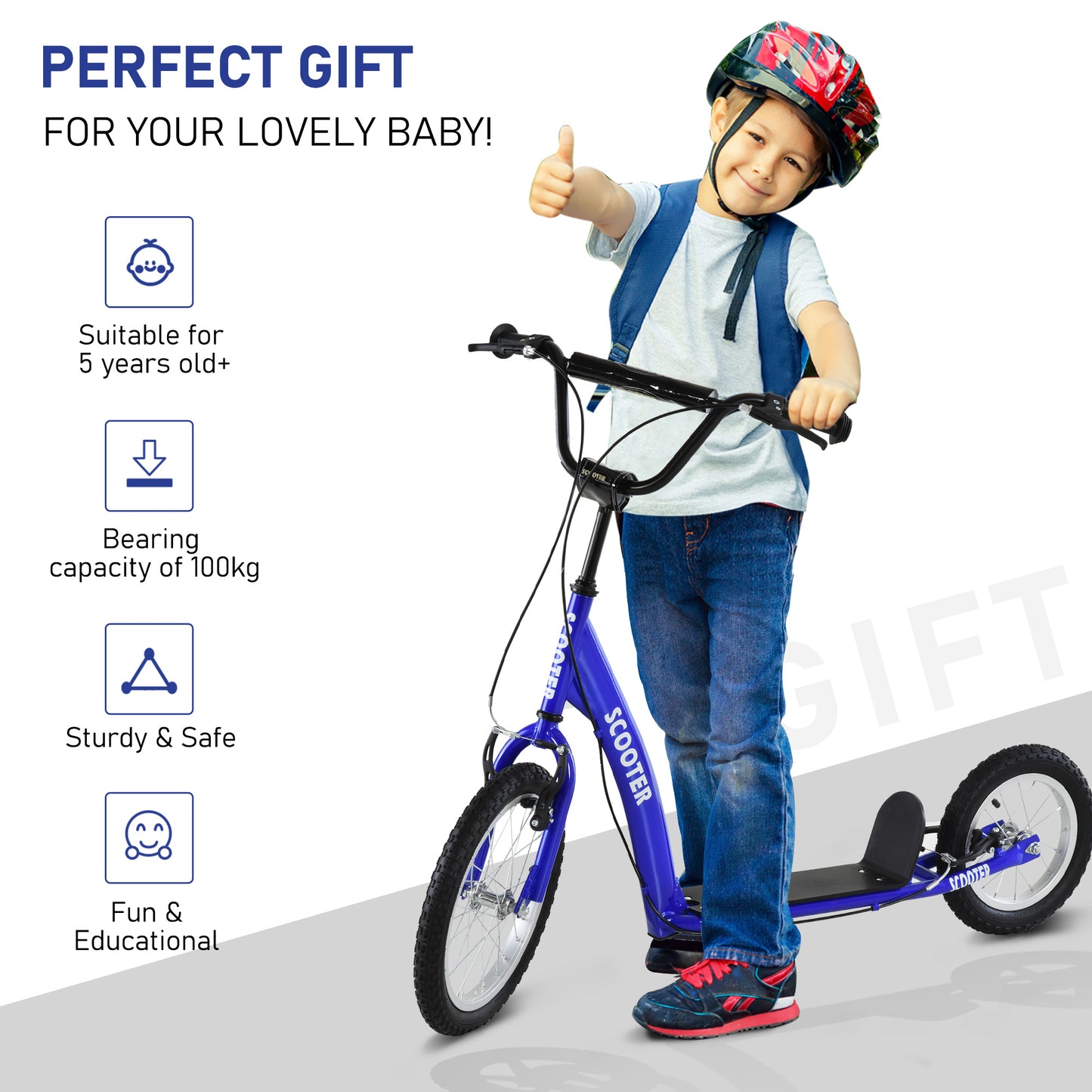 Kids Blue Kick Scooter with Adjustable Handlebar & Dual Brakes