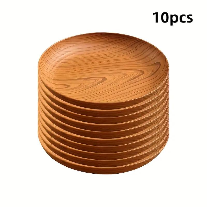 10 Creative Wood Grain Plastic Plates - Round Striped Design,