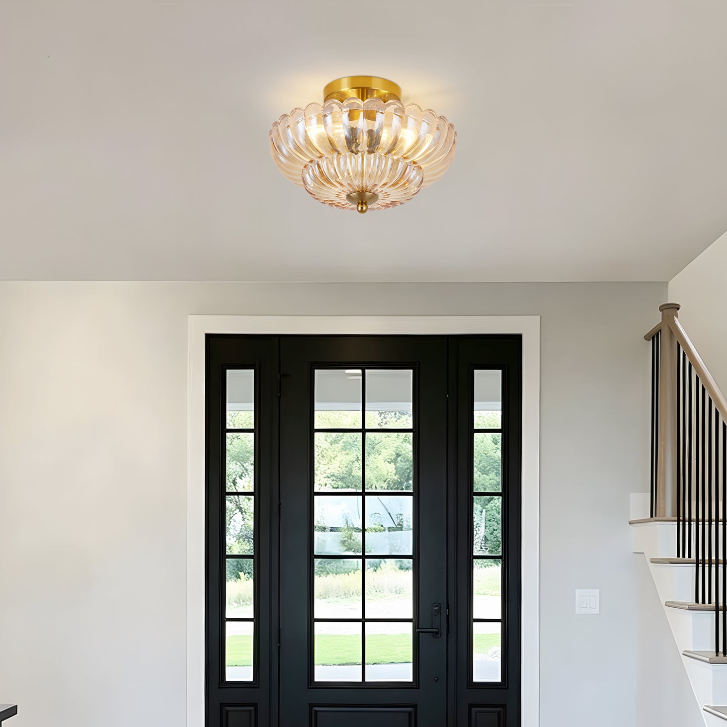 11.8 Inch Semi Flush Mount Ceiling Light with Flower Glass - Vintage Indoor Fixture