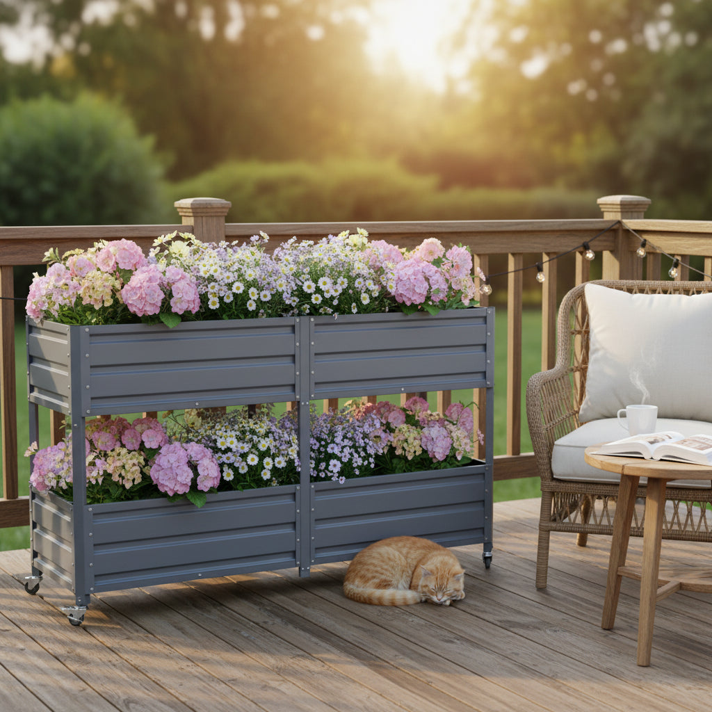 Dual Tier Elevated Metal Raised Garden Bed with Lockable Wheels - Grey