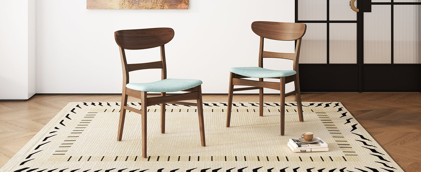 Set of 2 Mid-Century Dining Chairs - Upholstered Seat, Rubberwood Legs